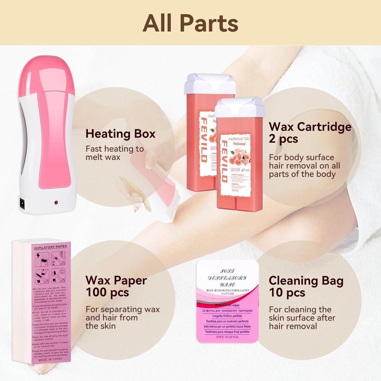 Hair Removal Kit - At-Home Waxing Set for Men & Women | 2 Rose Soft Wax Cartridges & 100 Non-Woven Strips - Pink
