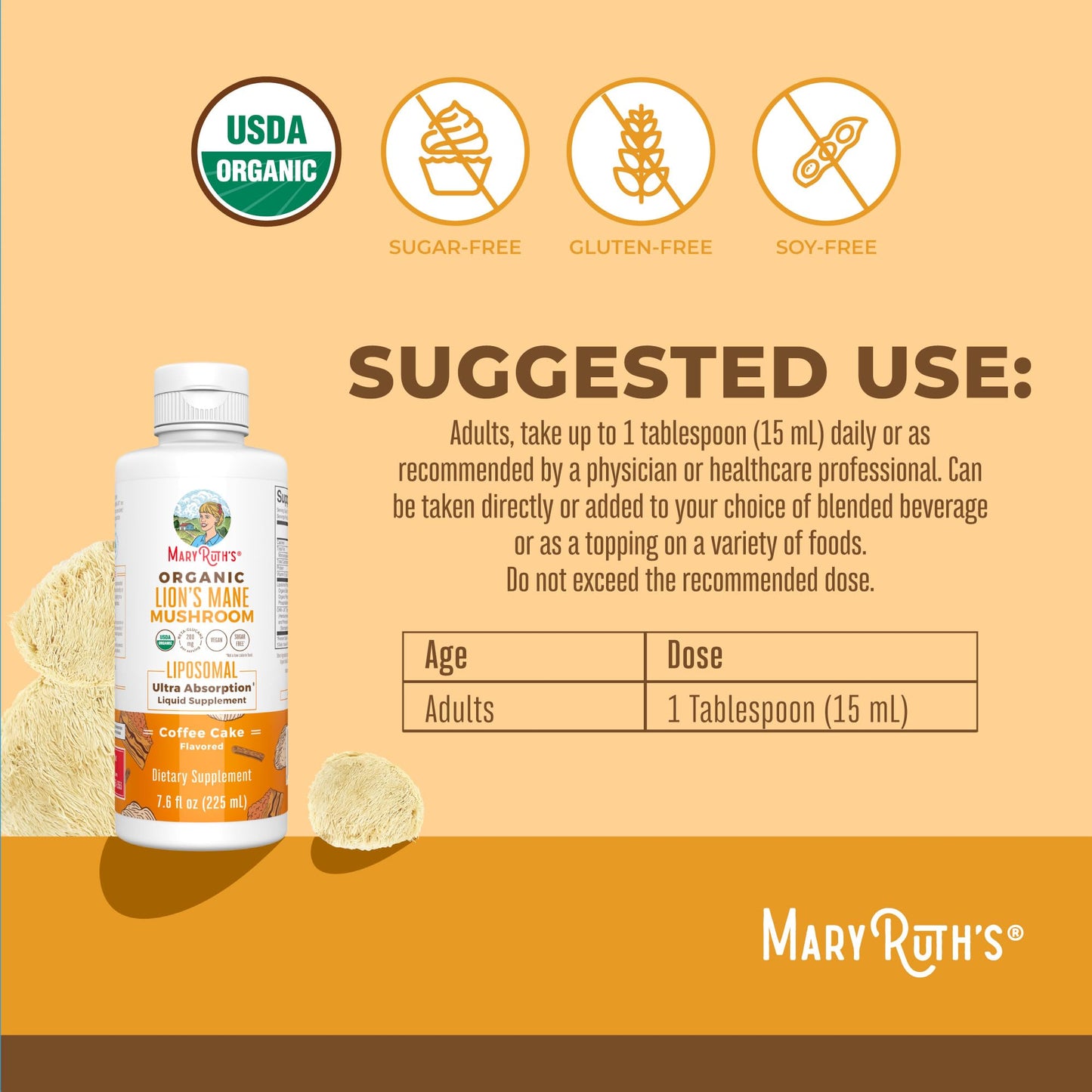 Organic Lions Mane Supplement by MaryRuth's | Ultra Absorption Liposomal | Full Spectrum Lion's Mane Mushroom | 200mg Beta-Glucans Per Serving | USDA Organic | Vegan | 7.6 oz | 15 Servings