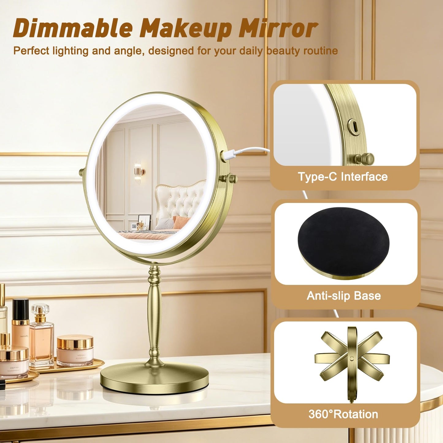 Matekxy 8" Lighted Makeup Mirror with Magnification - 1X/10X Magnifying Desk Mirror with Rechargeable LED Lights, 3 Colors Dimmable Tabletop Mirror, Brass Gold