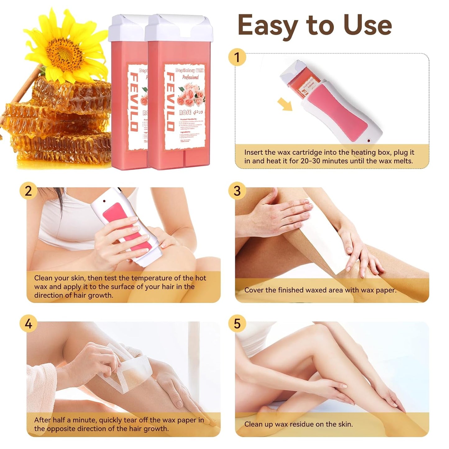 Hair Removal Kit - At-Home Waxing Set for Men & Women | 2 Rose Soft Wax Cartridges & 100 Non-Woven Strips - Pink