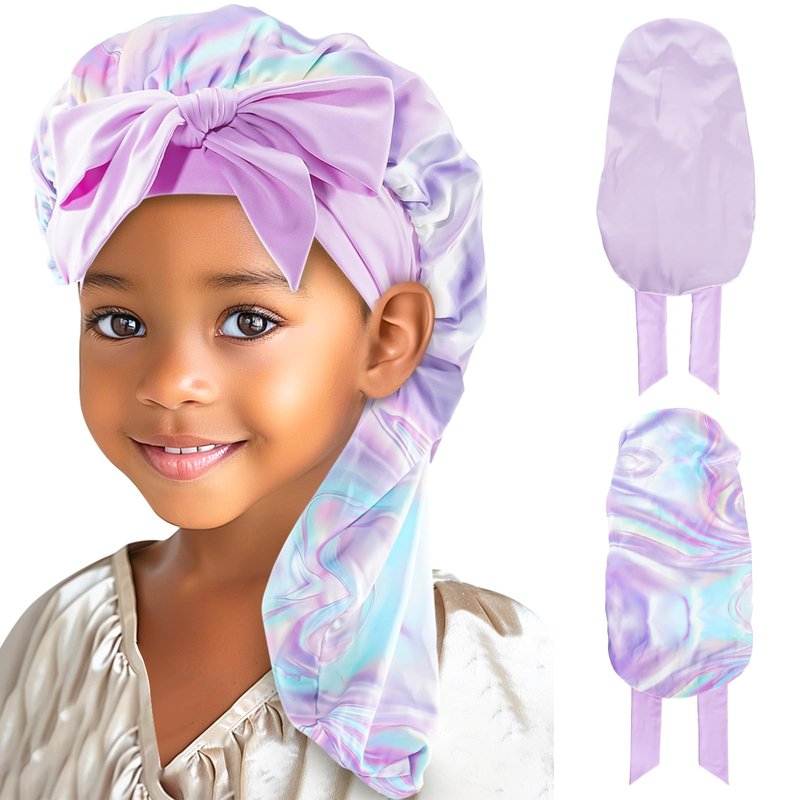 Lolalet Kids Bonnets for Girls, Long Silk Bonnet for Sleeping Kids Satin Bonnet Cap with Tie Band for Dreadlocks Braid Afro Curly Hair -2 PCS, Laser & Purple