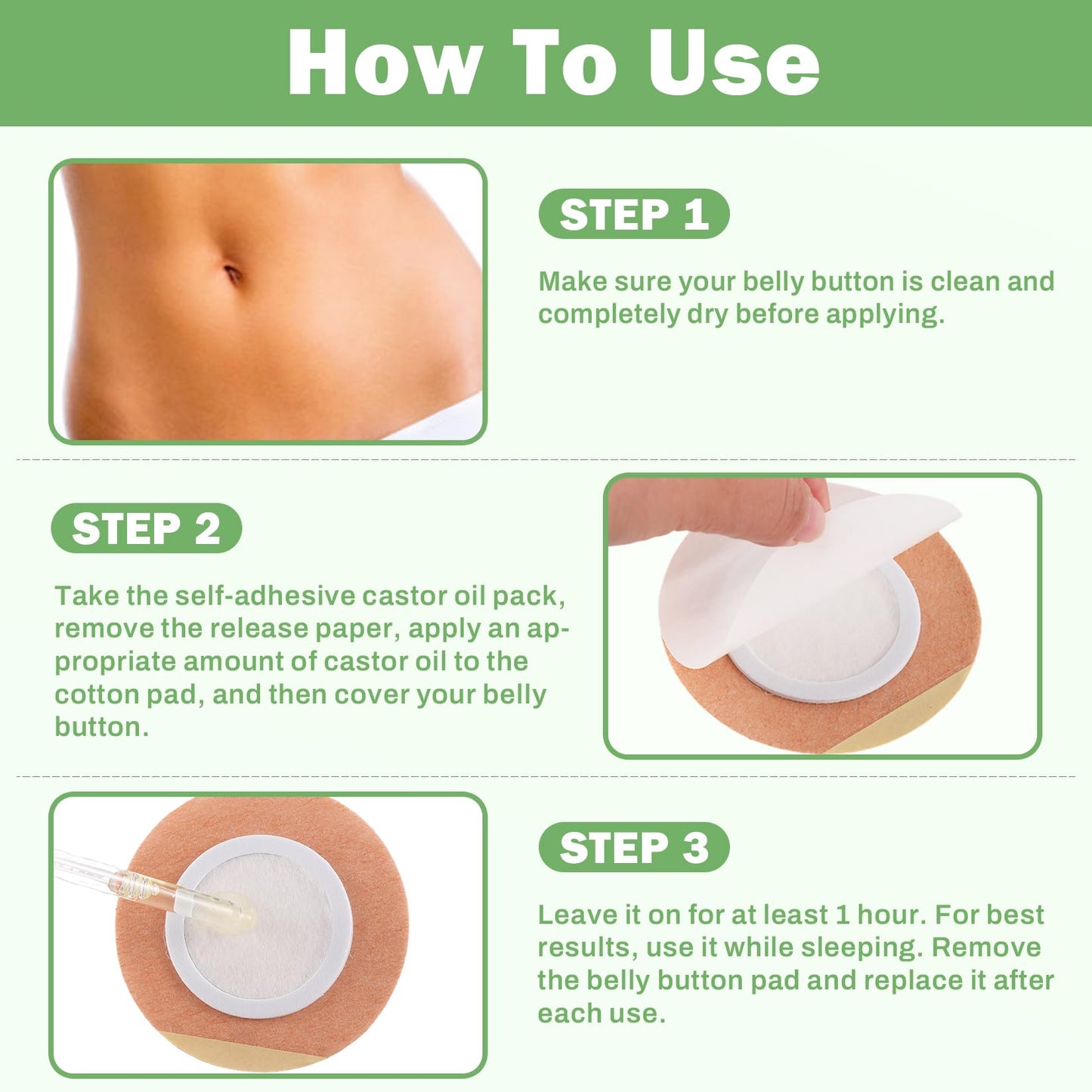 Castor Oil Pack Wrap for Belly Button with 4oz Organic Castor Oil in Glass Bottle, Highly Absorbent Cotton Belly Button Patches Self Adhesive (60pcs belly pack with oil)