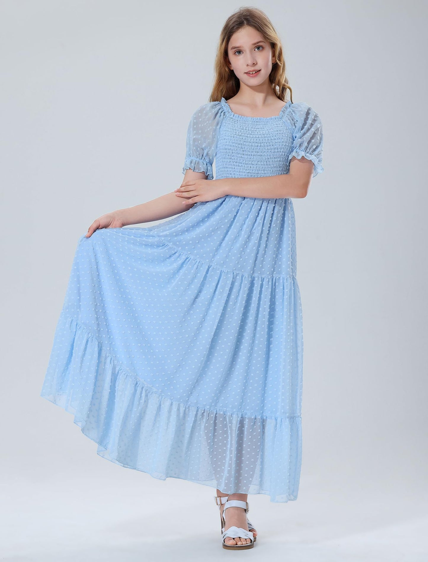Mebius Girls Maxi Long Dress Flowy Dresses A-line Square Neck Short Sleeve Swiss Dot Smocked Casual 10-12 Light Blue 7Y