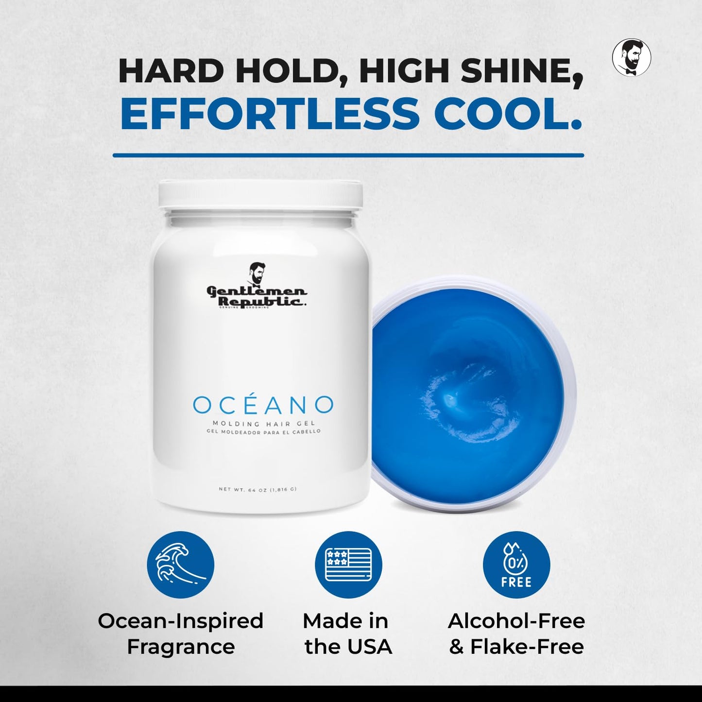 Gentlemen Republic Oceano Men's Hair Gel 32oz - Strong Touchable Hold and High Shine Styling Gel for Hair, 100% Alcohol-Free Professional Formula with Fresh Scent, Mens Hair Product Made in USA
