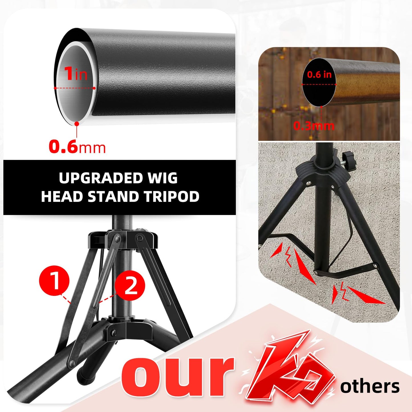 EBLIKI Wig Head Stand Tripod - Reinforced Mannequin Stand, Adjustable Height 31" - 57" Wig Stand for Styling, Cosmetology Hairdressing Training with Wig Caps, T-Pins Hair Clips