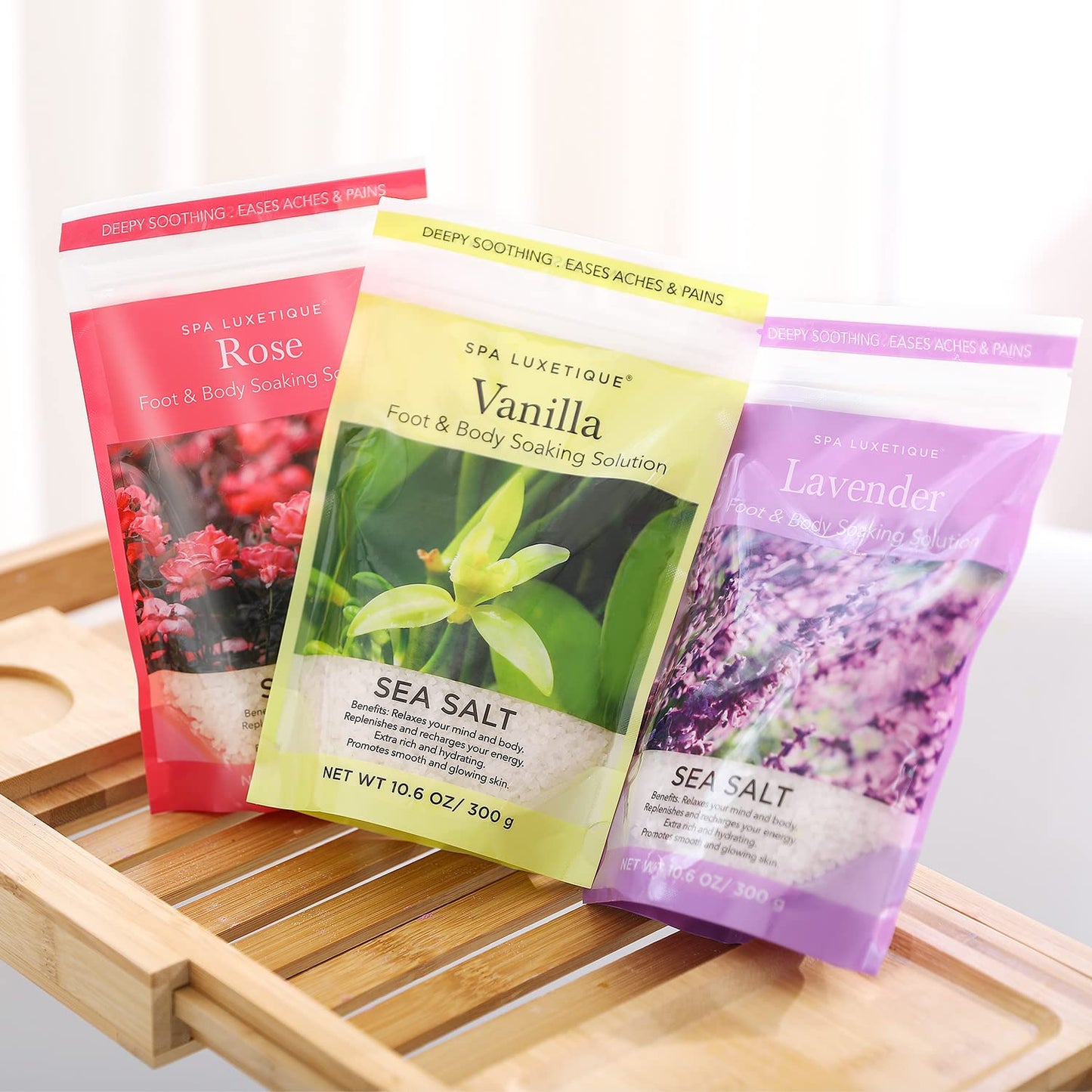 spa luxetique Bath Salts Gift Set 6-Pack, Foot and Body Sea Salts for Soaking, Wooden Scooper, 0.5oz Argan Oil, Bath Salts for Women Relaxing, Mother's Day Gifts for Mom, Christmas Gifts for Her