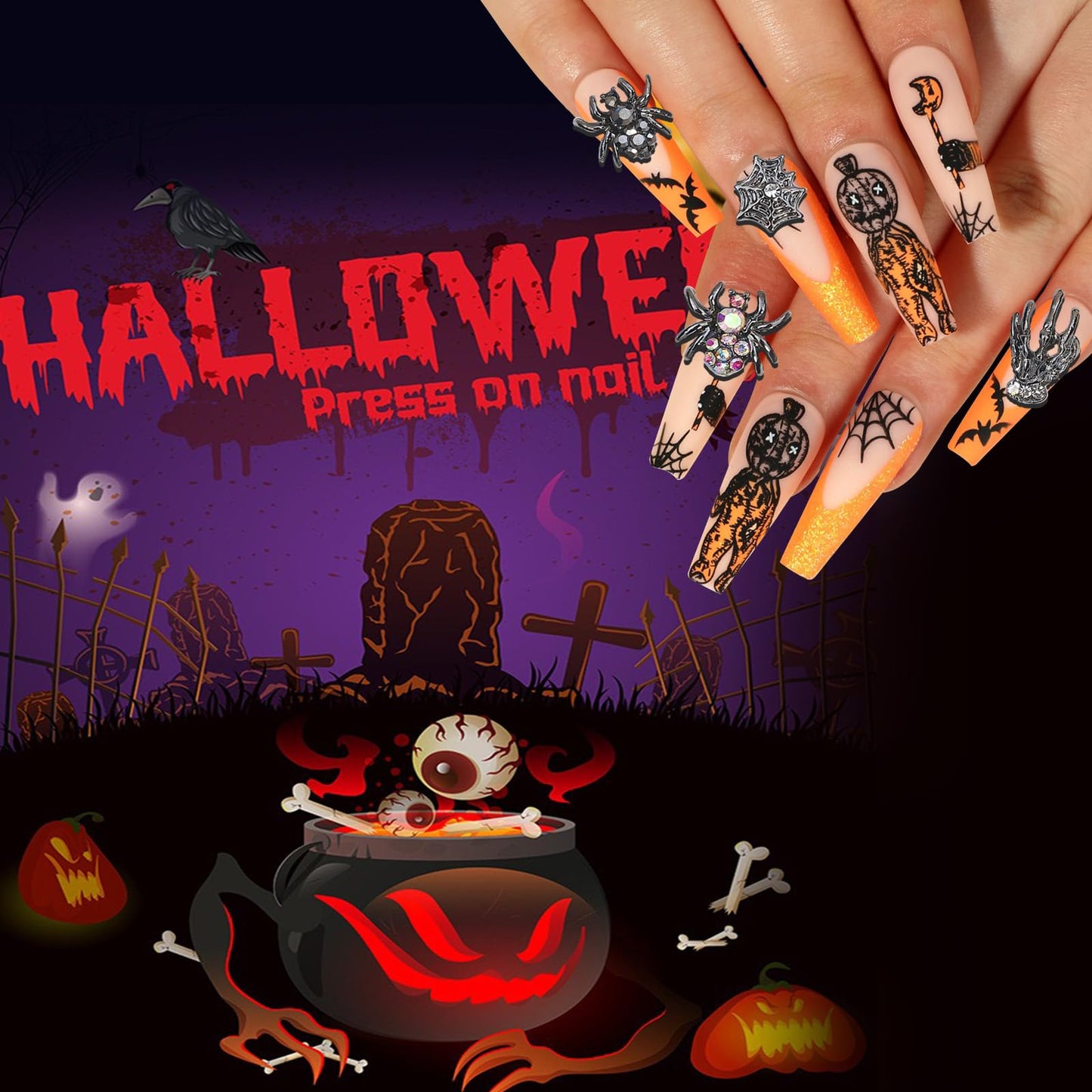 Halloween Nail Charms 3D Spider Hand Alloy Nail Art Supplies Black Gold Silver Charms Nail Jewelry for Women Halloween DIY Nail Art Decoration Accessories 36Pcs