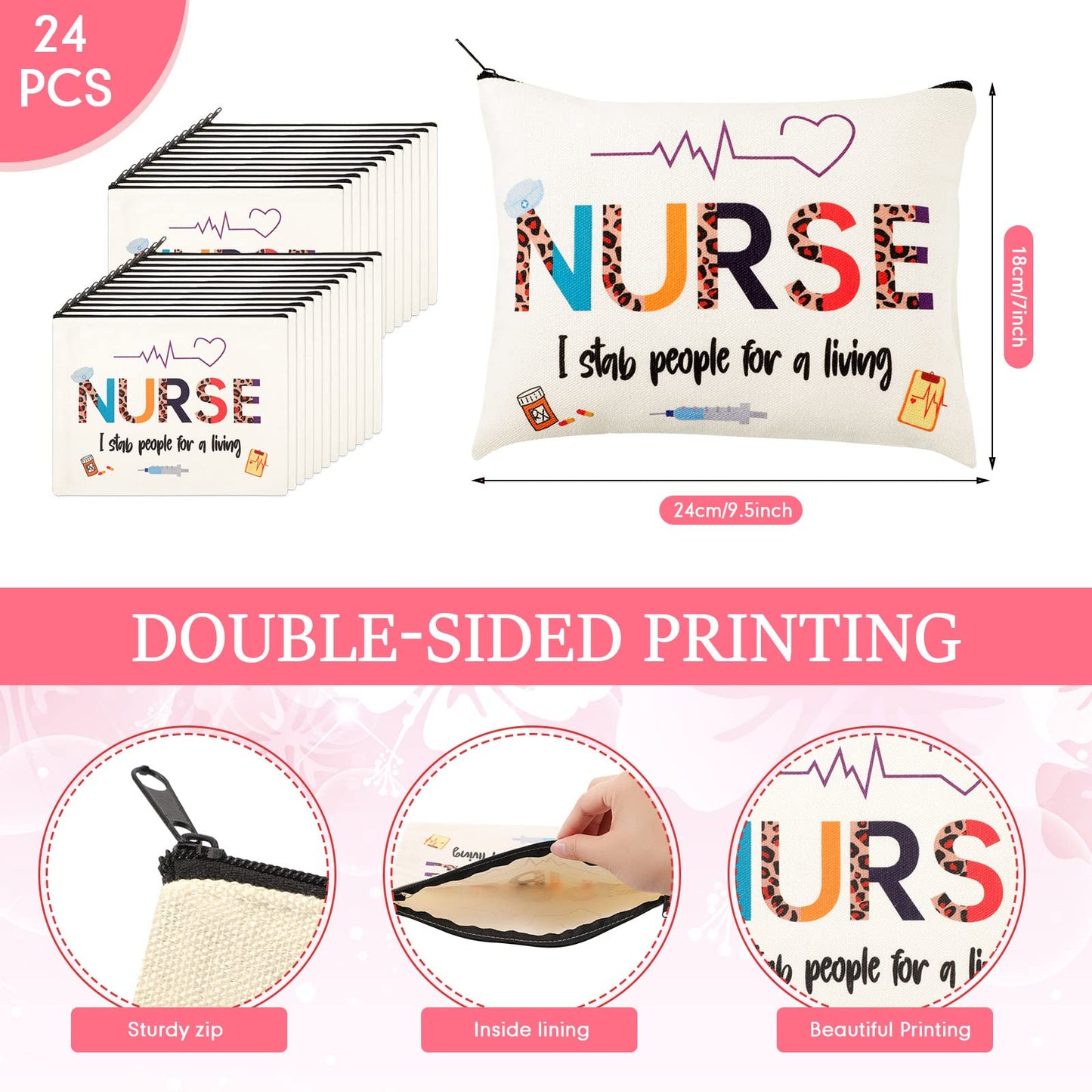 LEIFIDE 24 Pieces Nurse Makeup Bags Nurse Appreciation Gift for Women, Canvas Cosmetic Bag Practitioner(Cute Style)