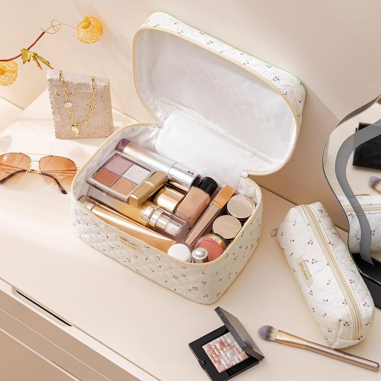 HBselect Quilted Makeup Bag, 3Pcs Cotton Large Travel Makeup Bags Organizer