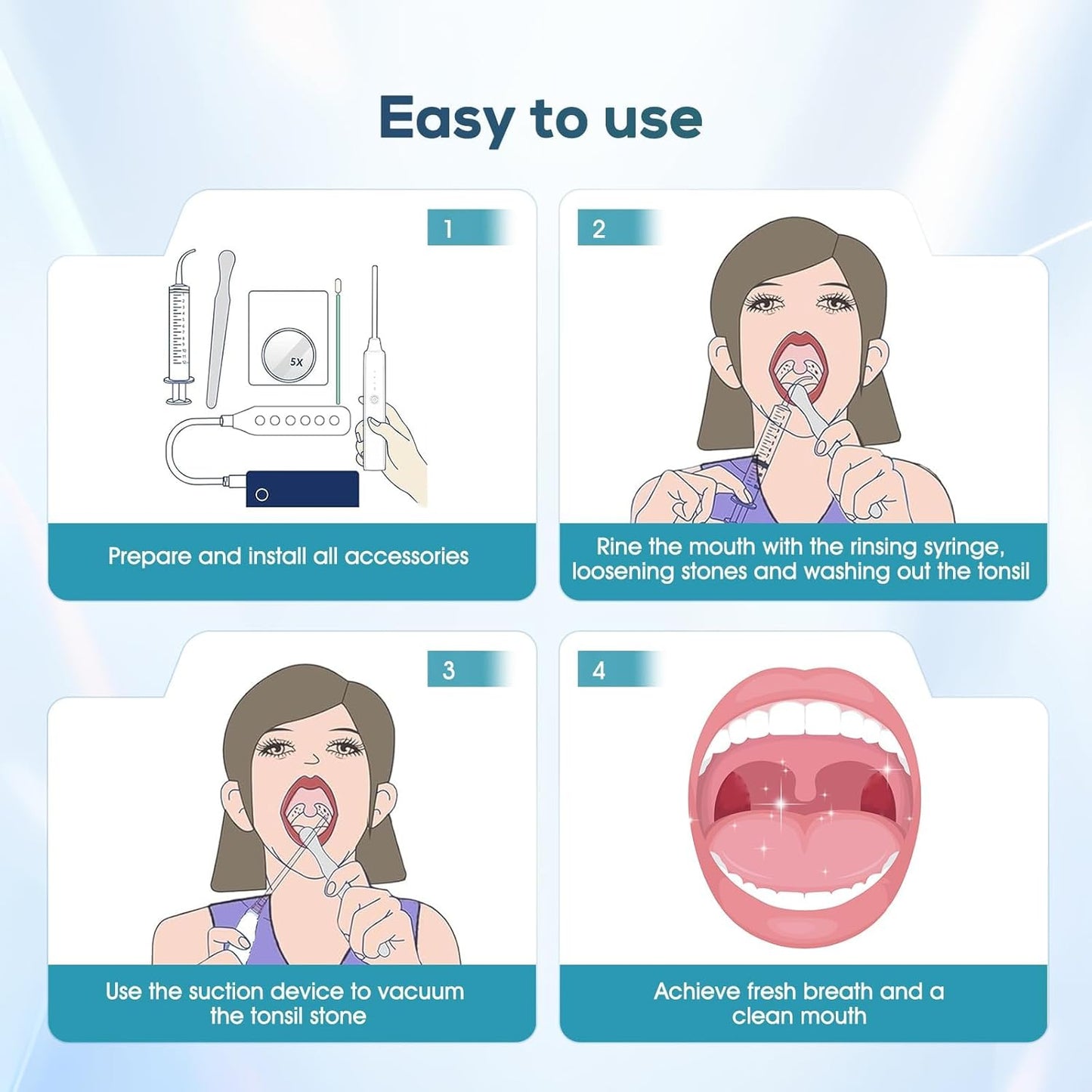 Tonsil Stone Remover Kit - 3 Modes Electronic Vacuum with LED Light & 5X Magnifying Mirror | Oral Irrigator for Bad Breath Relief