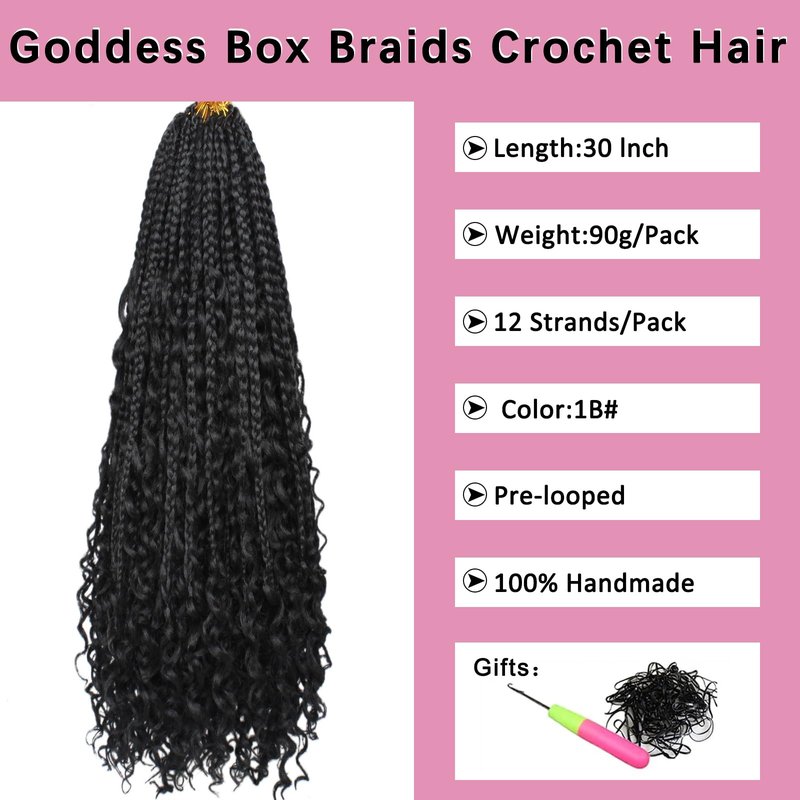 COOKOO 30 Inch Bohemian Box Braids Crochet Hair 8 Packs Hippie Goddess Box Braids Crochet Hair With Curly Ends Pre-looped Braiding Hair for Black Women 1B#