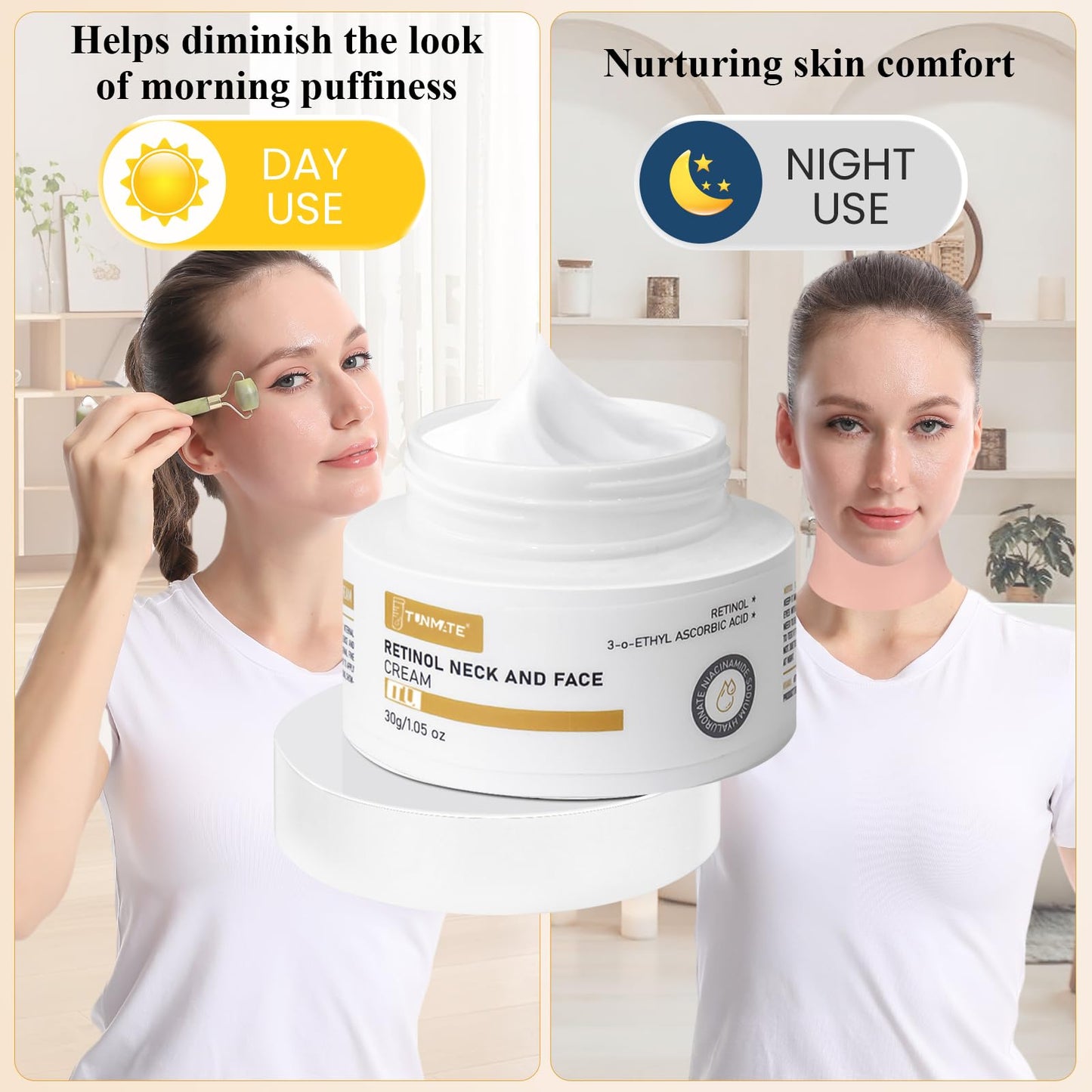 Neck Creams for Tightening and Firming-Retinol Moisturizer Anti Aging Wrinkle Cream 3-in-1 Hyaluronic Acid Ceramides Women&Men-Day/Night Face&Neck Cream with Jade Roller&Reusable Neck Wrinkle Patches