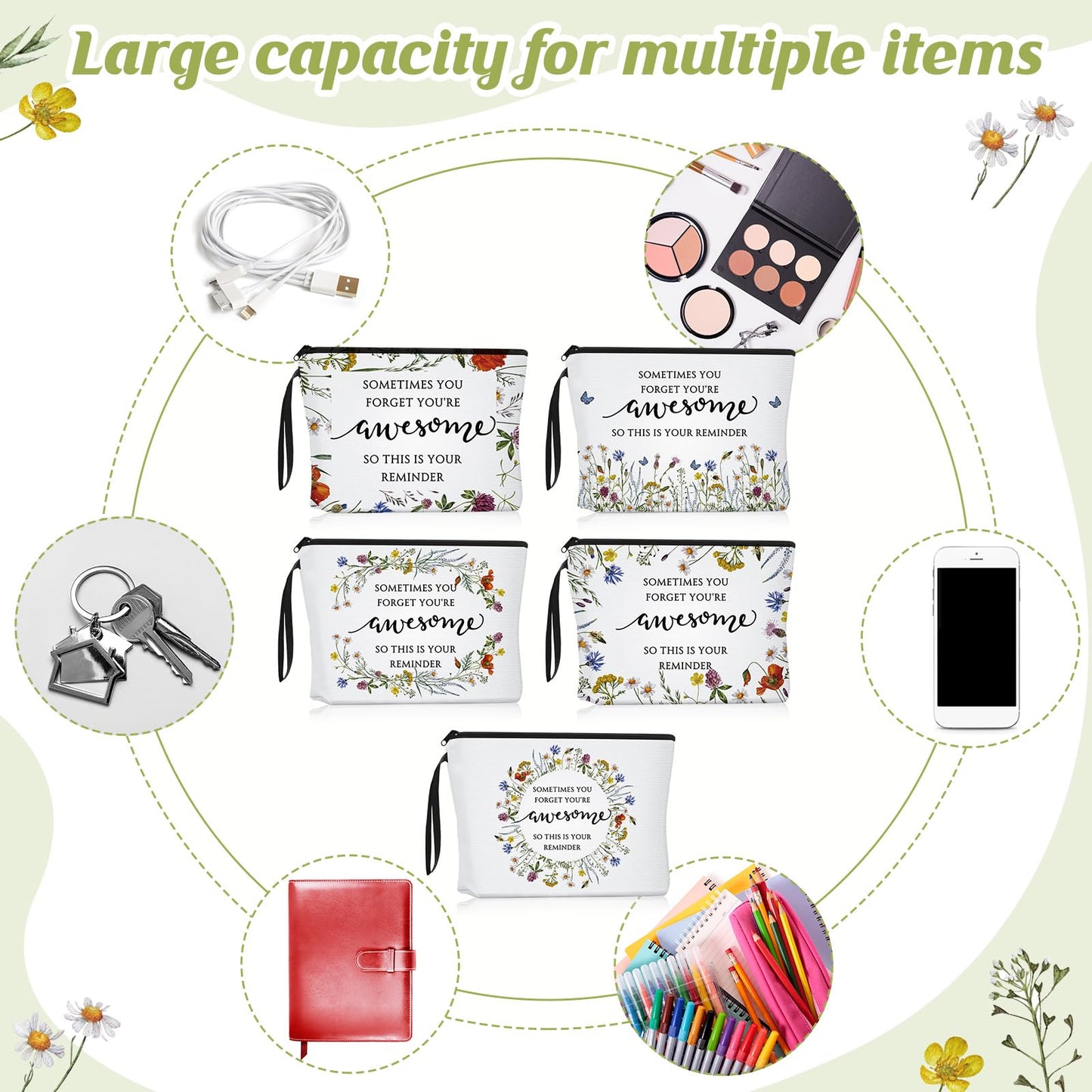 Reginary Makeup Bags Gifts for Women Bulk Inspirational Flower Canva Cosmetic Bag with Zipper You Are Awesome Thank You Gift for Nurse Staff Employee Coworker Team Nurse(20 Pcs,Inspirational)