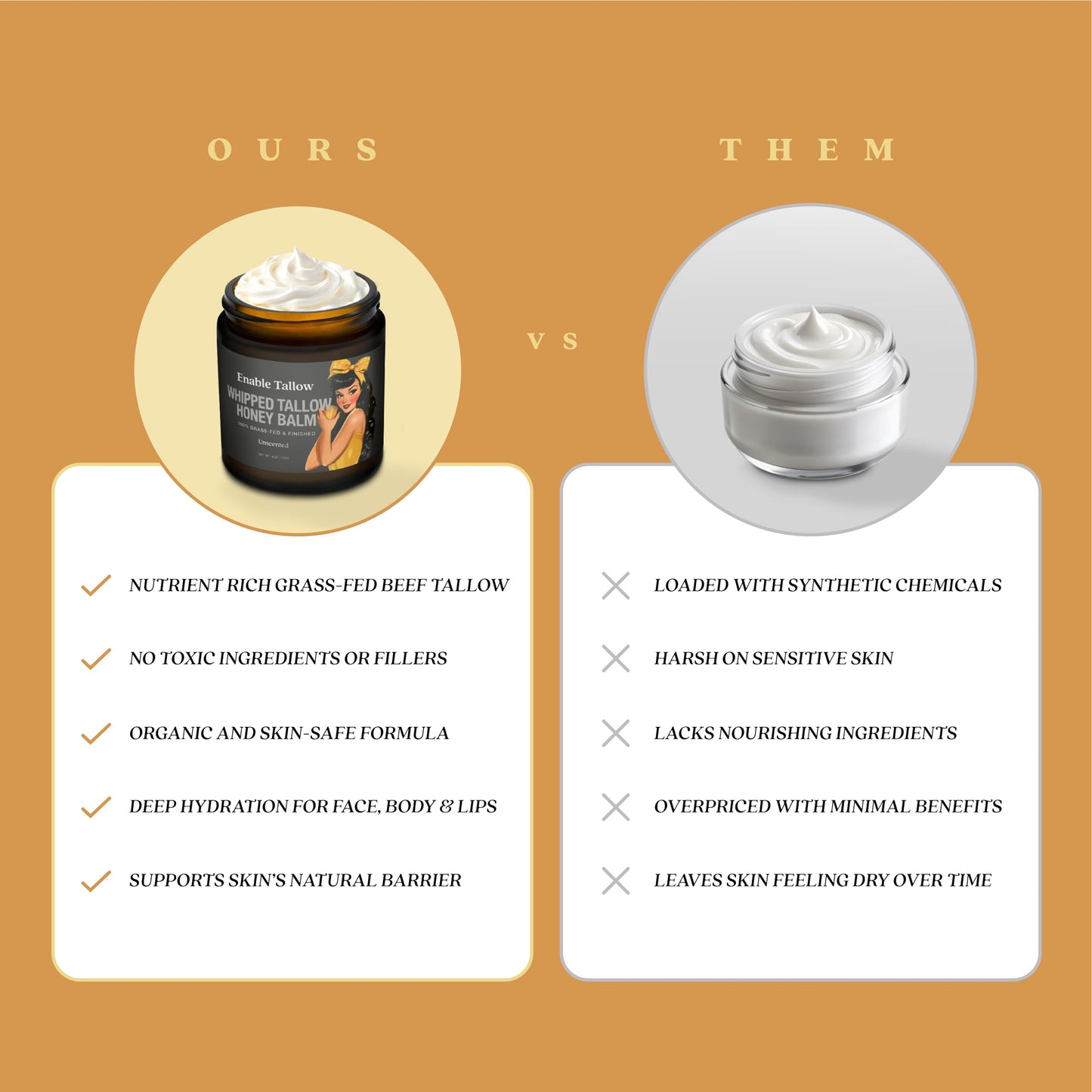 Enable Tallow Face & Body Cream – Whipped Beef Tallow & Manuka Honey Balm for Dry Skin, Eczema & Sensitive Skin – Natural Moisturizer, Unscented, Fragrance-Free, 4oz