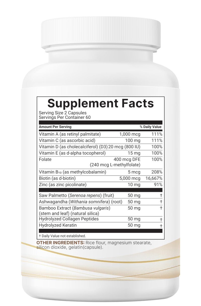 Micro Ingredients Hair Vitamins Complex, 120 Capsules | Hair Supplements for Women & Men with Hydrolyzed Collagen, Keratin, Methylfolate, Bamboo Extract, Vitamin C, Biotin, Saw Palmetto, & More
