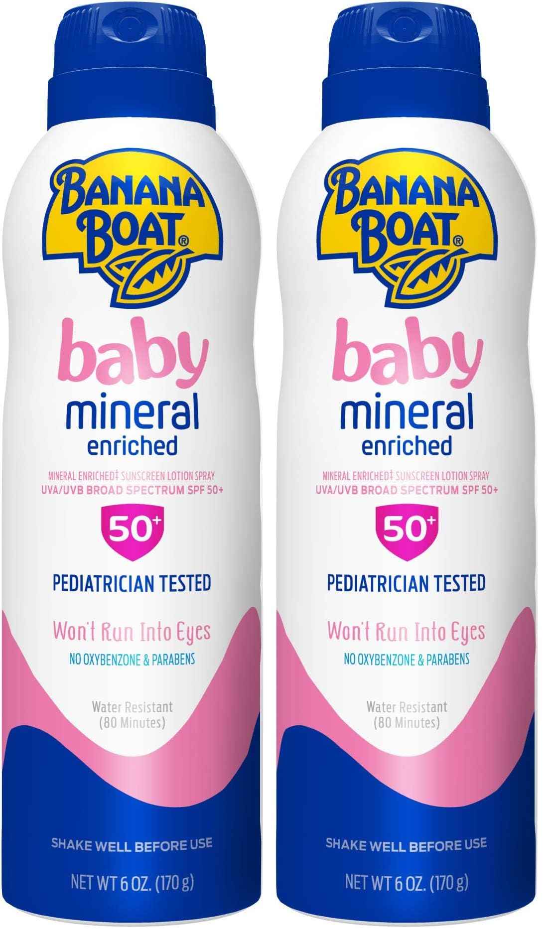 Banana Boat Baby Mineral Enriched Sunscreen, Won't Run Into Eyes, Broad Spectrum Sunscreen Lotion Spray, SPF 50, 6oz. (Pack of 2)