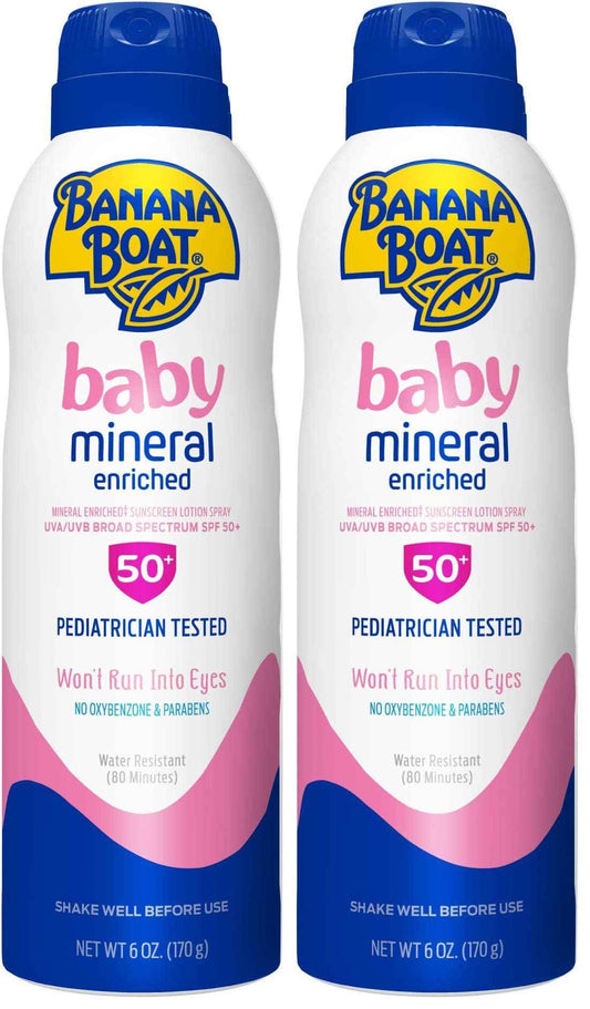 Banana Boat Baby Mineral Enriched Sunscreen, Won't Run Into Eyes, Broad Spectrum Sunscreen Lotion Spray, SPF 50, 6oz. (Pack of 2)