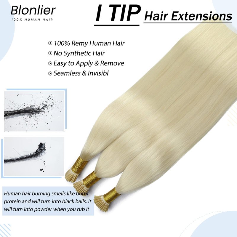 Remy I Tip Remy Human Hair Extensions For Women, 16 Inch Pre Bonded Straight iTip Hair Extensions Platinum Blonde #60 Microlink Extensions Premium Quality Keratin Fusion Stick Hair 50Strands/50G