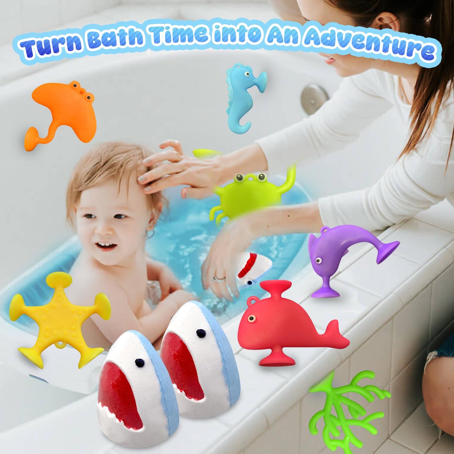 Shark Bath Bombs for Kids with Surprise Inside, 8 Pack Kids Bath Bombs, Easter Valentines Day Gift for Boys Girls, Bubble Fizzy Bath Ball with Sea Aninmals & 4 Suction Cup Toys, Easter Basket Stuffers