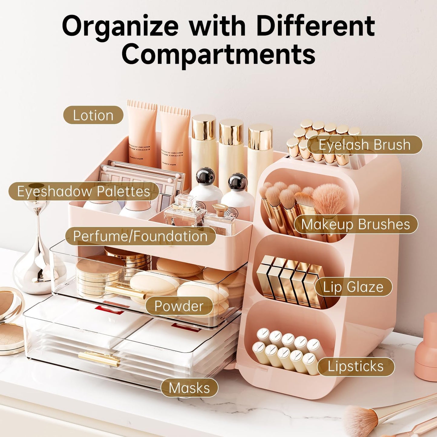 Makeup Organizer for Vanity - Large Capacity Skincare & Cosmetic Display Case with 2 Drawers | Brush Holder & Perfume Storage