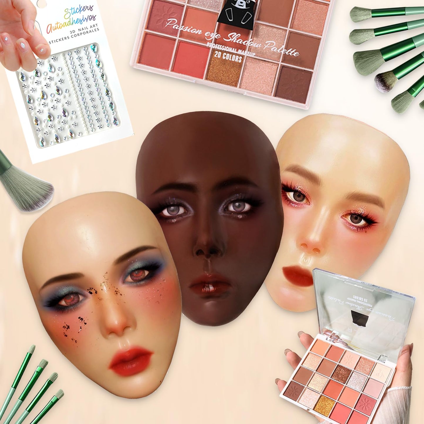 Penugo Makeup Practice Kit, Silicone Mannequin Face with Brushes, Shadows & Eyebrow Pencil - Bright