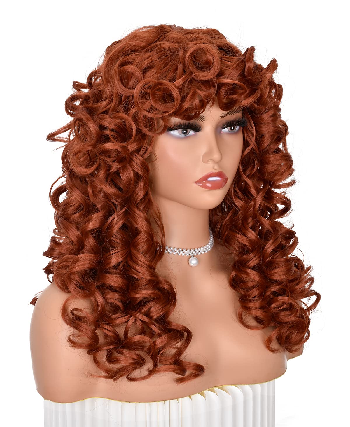 ANNISOUL Copper Curly Wigs for Black Women Long Curly Afro Wig with Bangs for Women Big Bouncy Fluffy Synthetic Fiber Glueless Hair for Cosplay and Daily