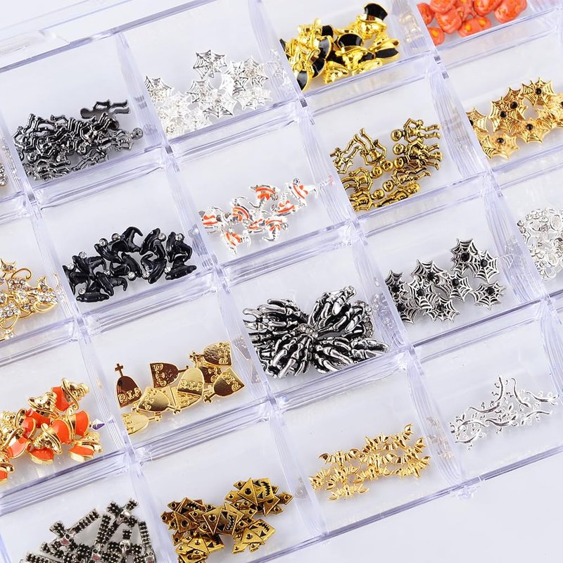 BAIYIYI Halloween Nail Charms - 24 Styles/Box Metallic Nail Studs & Rhinestones DIY Decorations