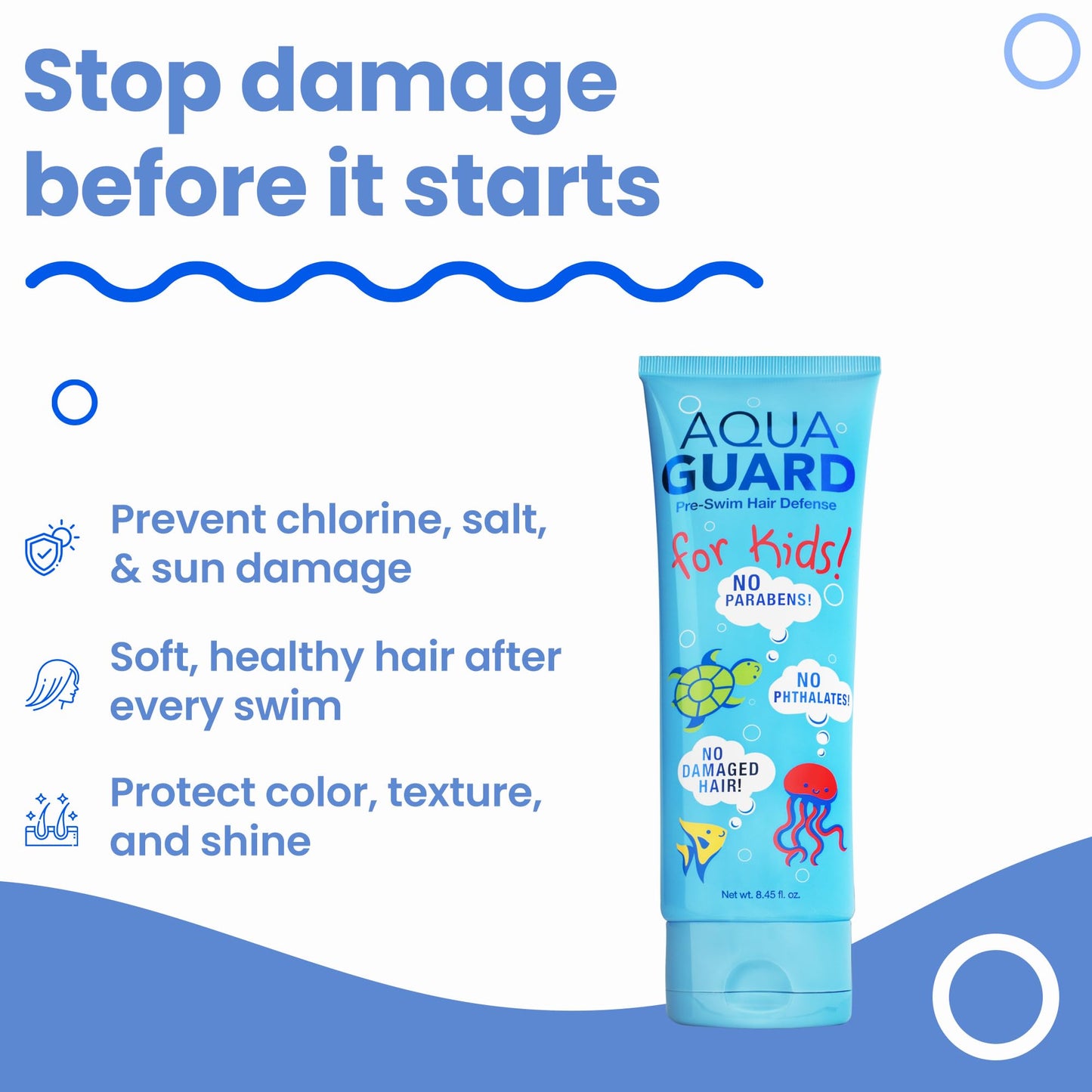 AQUA GUARD Pre-Swim Hair Defense For Kids | Chlorine Hair Shield + Easy Comb-Through | Made in California | Color Safe, Leaves Hair Smelling Great | 8.45 oz