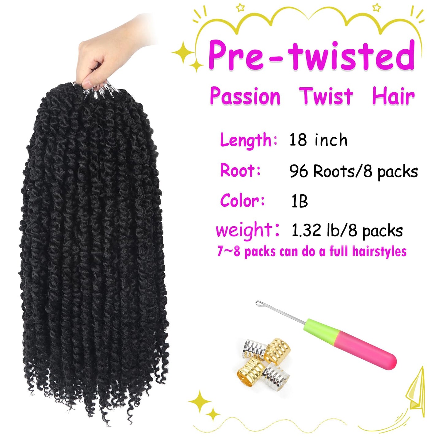 Bileaf Passion Twist Crochet Hair 18 Inch Crochet Passion Twist Hair Pretwisted, Pre Looped 8 Packs Passion Twist Crochet Braids Passion Twists Bohemian Twist Crochet Hair for Women Girls and Kids 1B