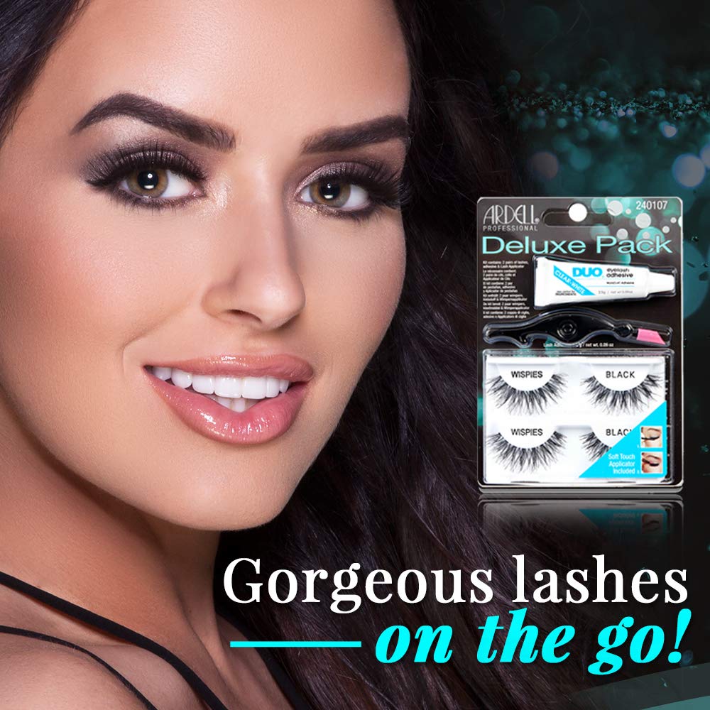 Ardell False Eyelashes Wispies Deluxe Pack - Natural Volume Lashes with Adhesive & Applicator | 4 Pack, Black