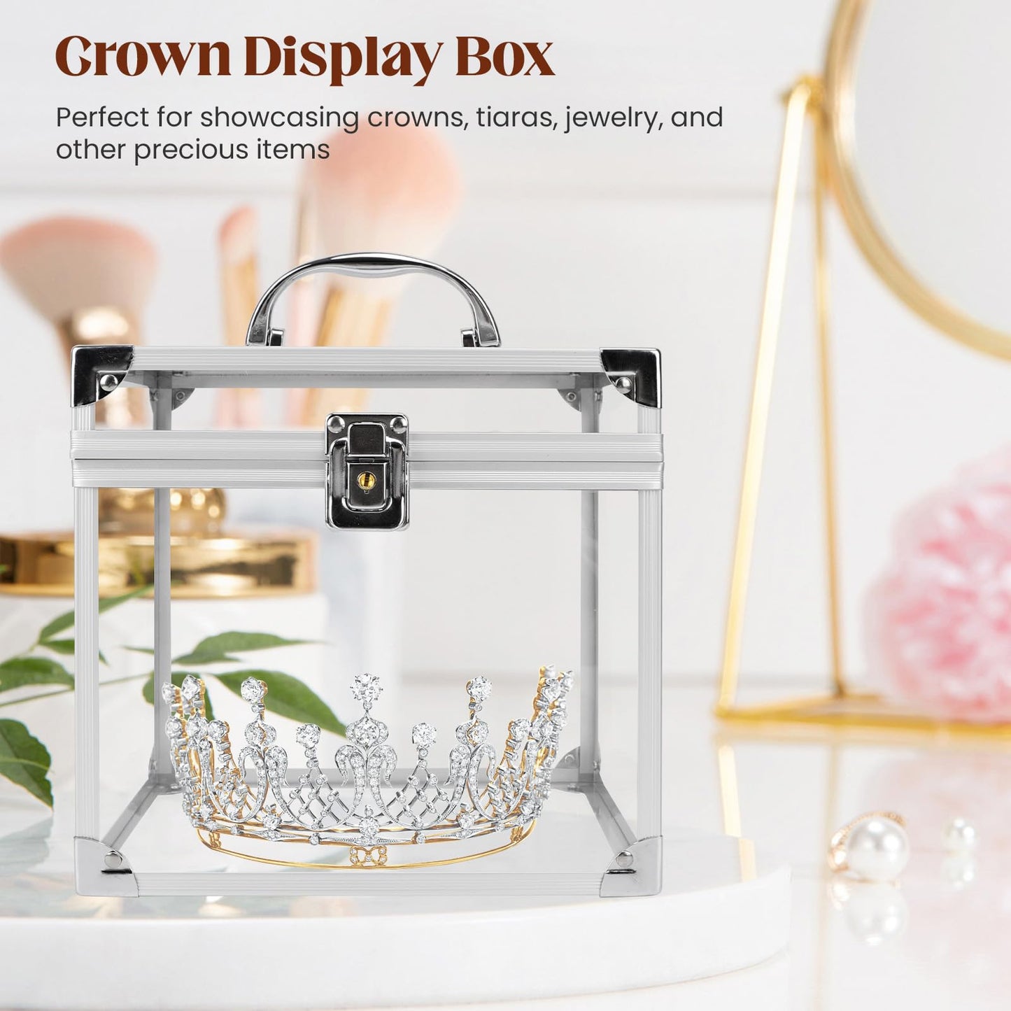 Donghome Crown Box 7.9 x 6.7 x 7.5inch, Clear Makeup Case,Cosmetic Organizer, Large Capacity Transparent Acrylic Artists Display Case for Vanity,Bathroom Counter or Dresser,Silver