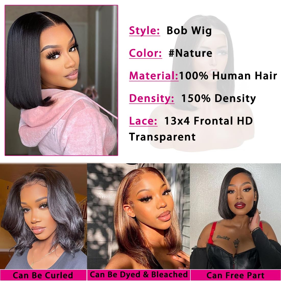 Straight Bob Wig Human Hair 13x4 Lace Front Wigs 200% Density Short Bob Wigs for Women HD Lace Front Wigs Human Hair Pre Plucked Short Wig Human Hair Natural Color 12inch