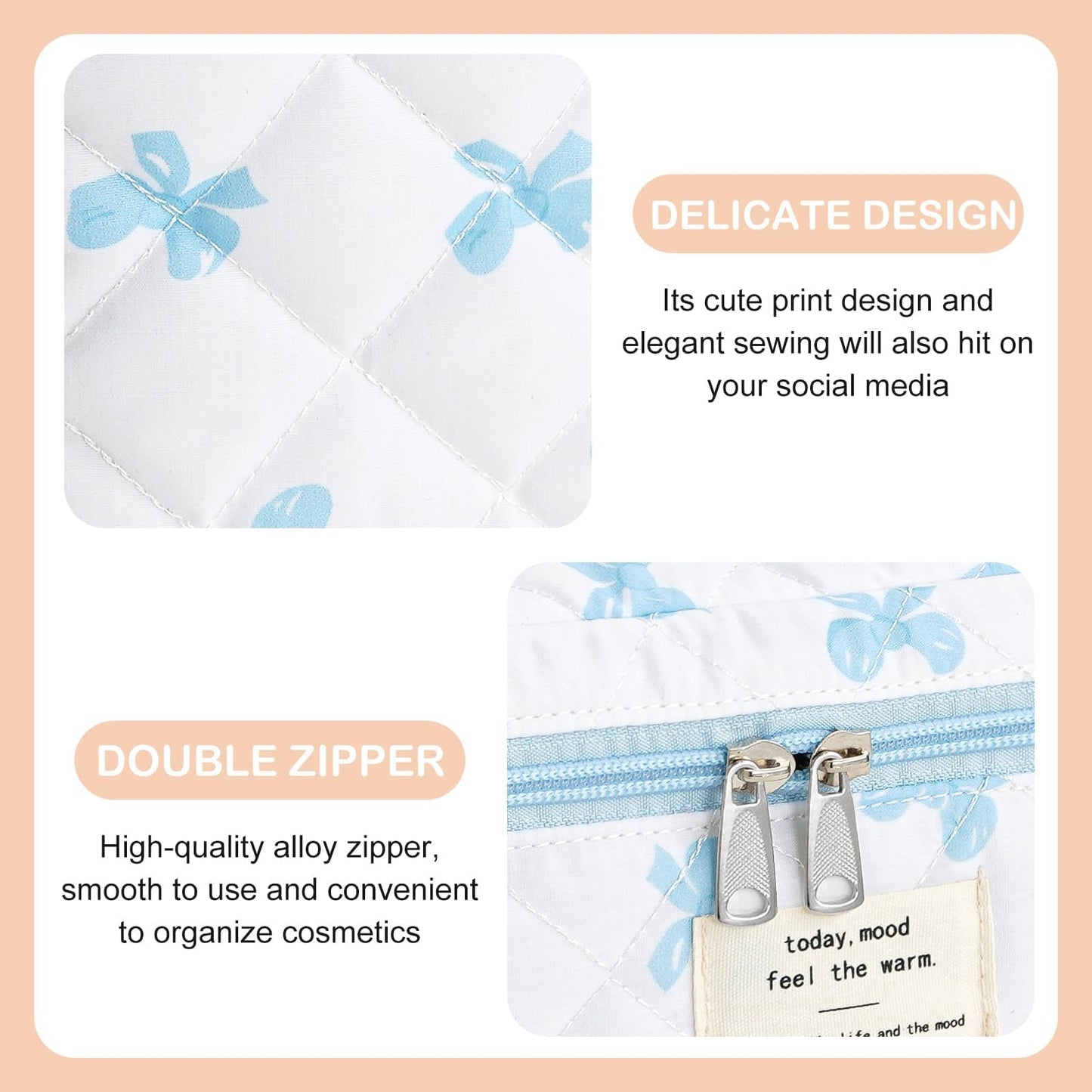UUYUUY Makeup Bag for Women 3PCS Quilted Cotton Make Up Bag Travel Cosmetic Bag Large Makeup Bag Set Cute Blue Bow Makeups Organizer Floral Toiletry Pouch for Purse