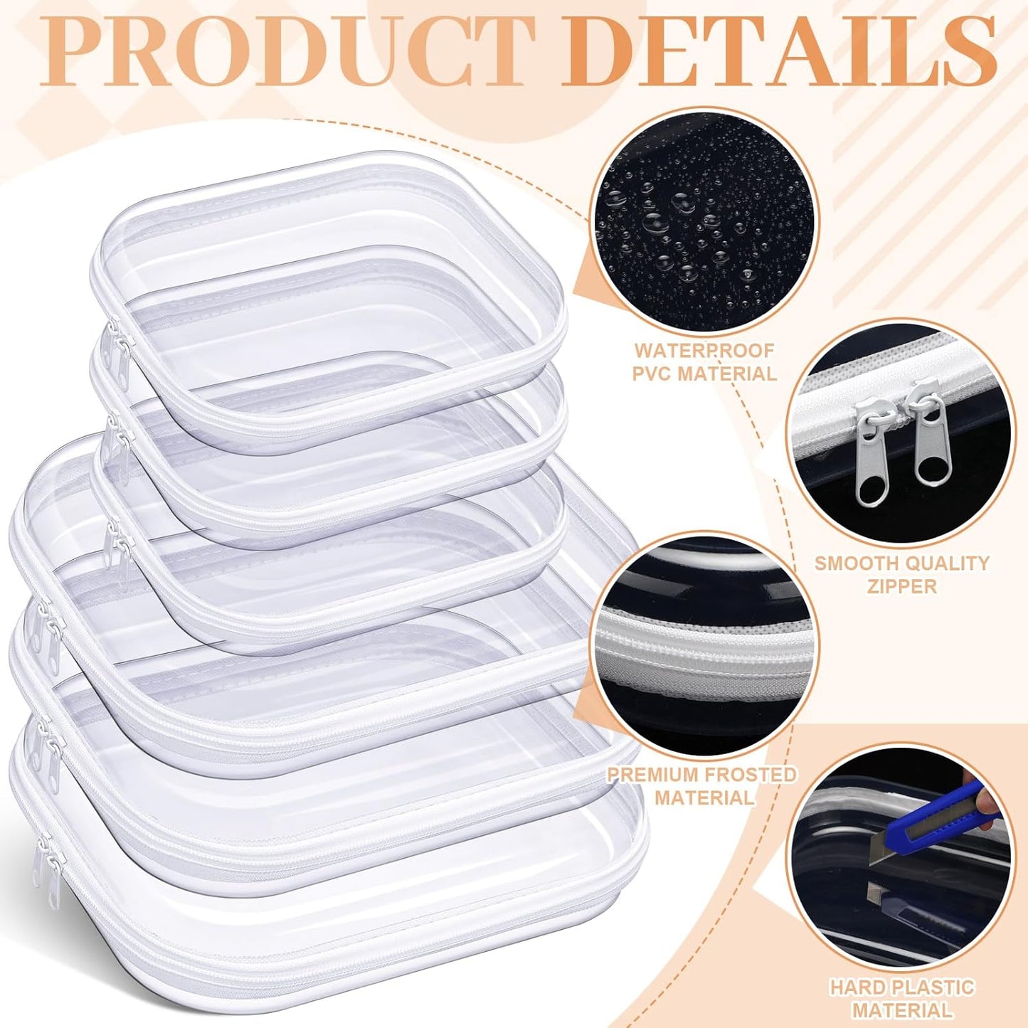 **6-Piece Hard Clear Zipper Case Set | Transparent Makeup & Snack Organizer Bags - Portable Travel Storage (White, Large & Medium)**