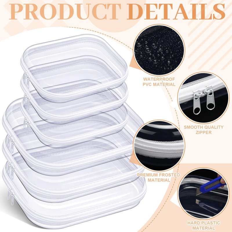 Hoolerry 6 Pcs Hard Clear Zipper Case Transparent Zipper Hard Pouch for Snacks Makeup Bag Plastic Cosmetic Bag Portable Travel Organizer for Makeup Storage(White,Big,Medium)