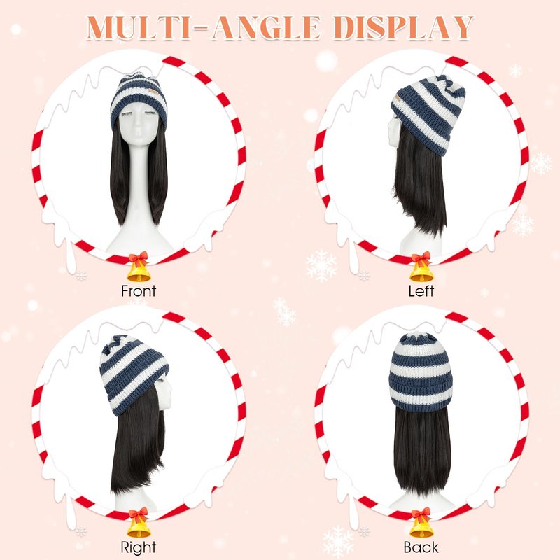 Benehair Beanie Wig Hair Extensions, Knitted Hats with Synthetic Bob Wig Hairpieces for Women Winter, 11 Inch Short Straight Dark Brown Hair with Blue & White Stripe Beanie