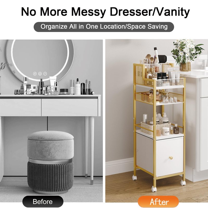 Makeup Organizer Storage Cart with Drawers, Large Floor Makeup Skincare Organizers, Rolling Makeup Cart Vanity Organizer Cosmetics Display Cases Holder for Nail Polish Brush Hair Tool（Gold）