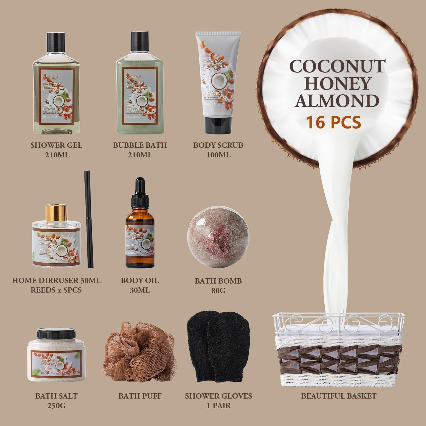 Fathers Day Gifts for Dad, Coconut Almond spa kit, Bath and Body Gift Basket for Women & Men Spa Gift Basket,Large Bath Gift Set With Fragrant Lotion, Home Spa Kit, Self-Care Gift, Diffuser
