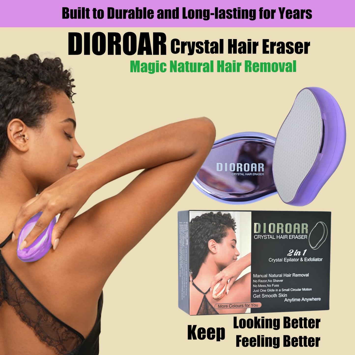 DIOROAR Crystal Hair Eraser,Upgrade Crystal Hair Remover,Physical Nano Glass Hair Removal Device,Painless Epilator and Exfoliator Without Shaver for Quick Soft Silky Skin(Violet)
