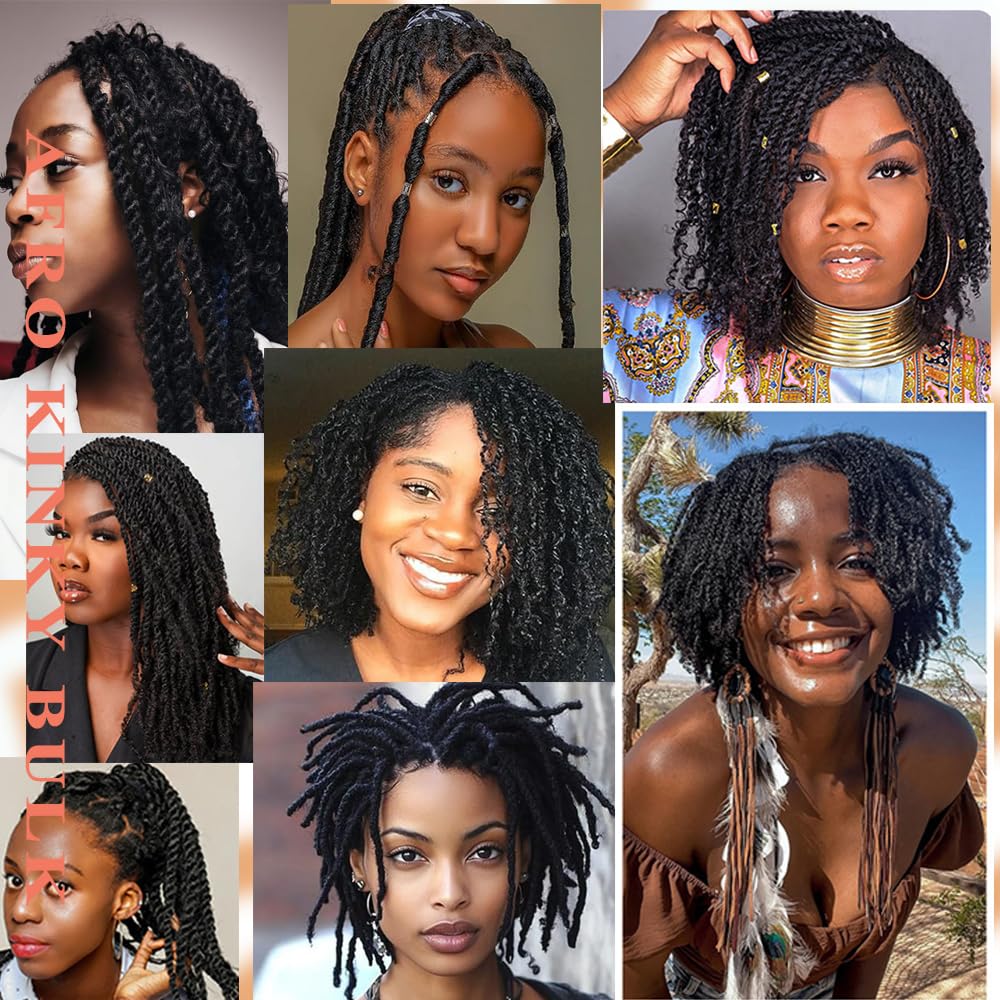 Afro Kinkys Bulk Human Hair,50g,braiding Human hair for Twist, Repaid Locs, Dreadlocks,Afro Kinky Bulk Human hair Extension for black women(20",1pack,black)