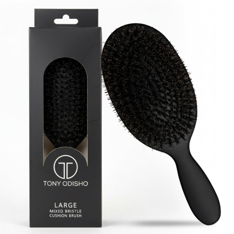 TONY ODISHO Professional Paddle Hair Brush – Cushion Brush with Tourmaline Nylon and First Cut Boar Bristles for Gentle Detangling & Natural Shine (Black, Large)