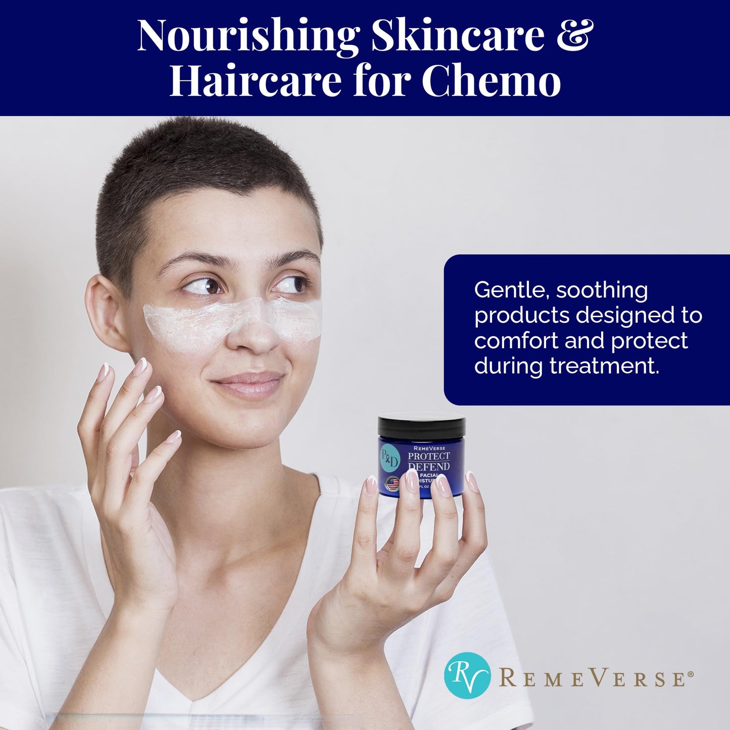 RemeVerse Protect & Defend Facial Moisturizer for Sensitive Skin During Chemoteraphy - Skin Hydration & Gentle Face Cream w/Hyaluronic Acid, Peptides, Glycerin, Collagen - Made in USA - 2 oz