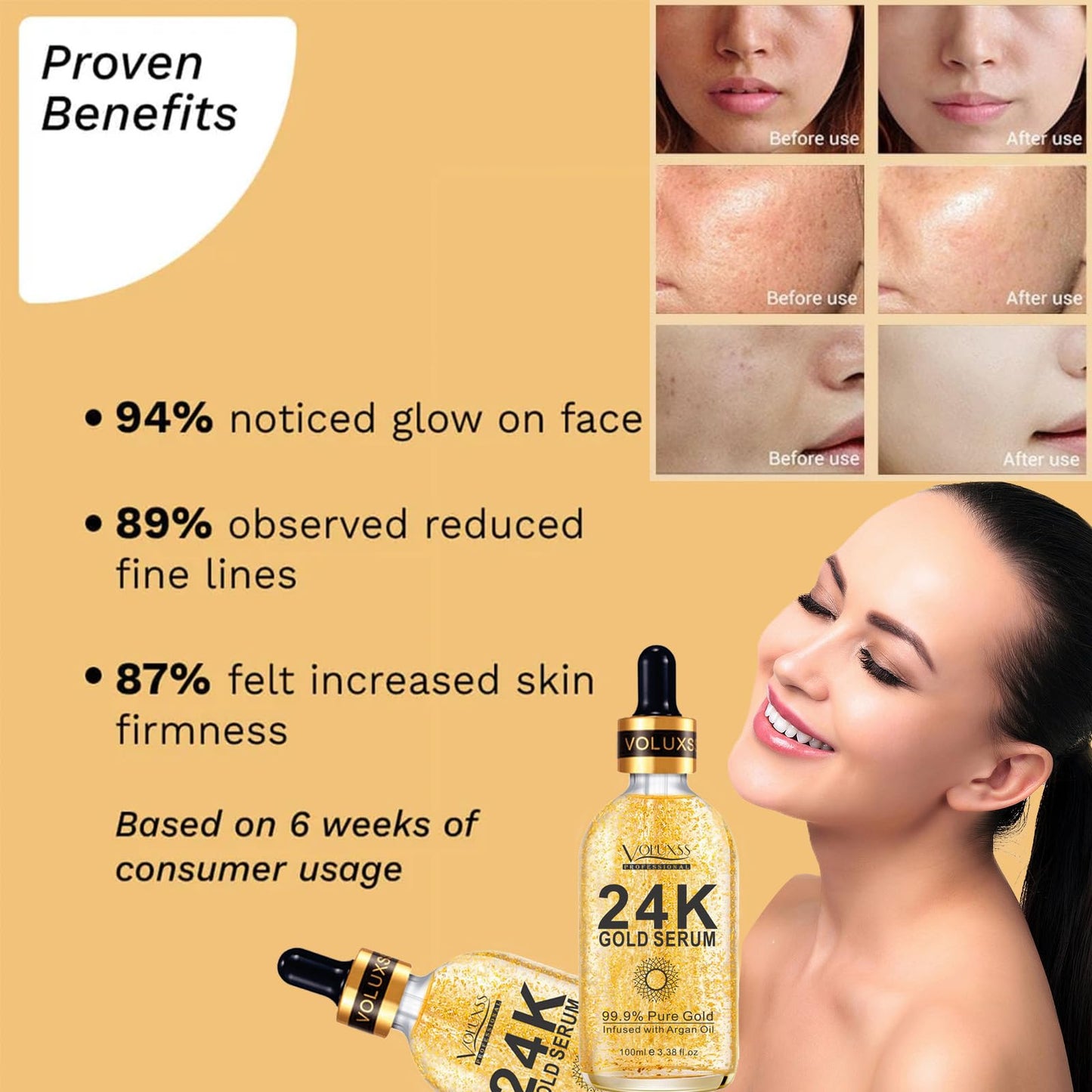 24K Gold Anti-Aging Face Serum 2Pack with Vitamin C & Hyaluronic Acid. Real 24k Gold Serum for face Boosts Collagen, Reduces Dark Spots & Fine Lines for Hydrated, Radiant Skin 6.76fl.oz