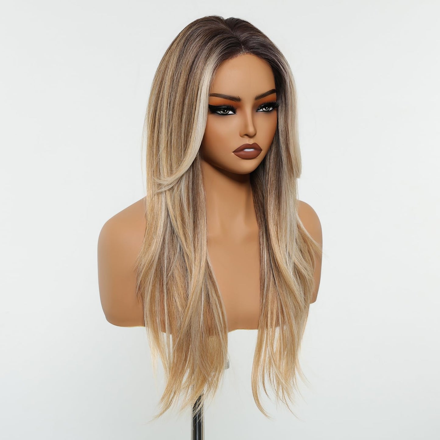 testar Long Straight Ombre Blonde Wigs for White Women Dark Brown to Blonde Highlights Silky Hair Synthetic Middle Part Wigs for Daily Use Lace Closure Natural Hairline 26 IN