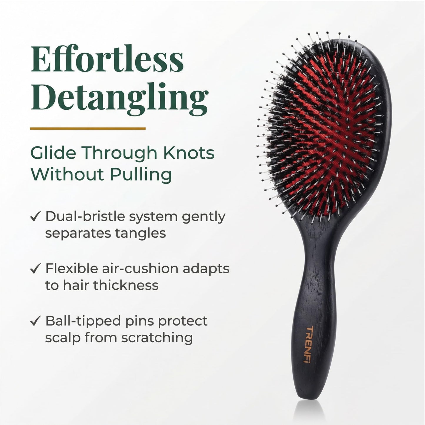 TRENFI Boar and Nylon Bristle Hair Brush | Solid Red Oak Oval Cushion Brush for Thick Wavy Curly Hair