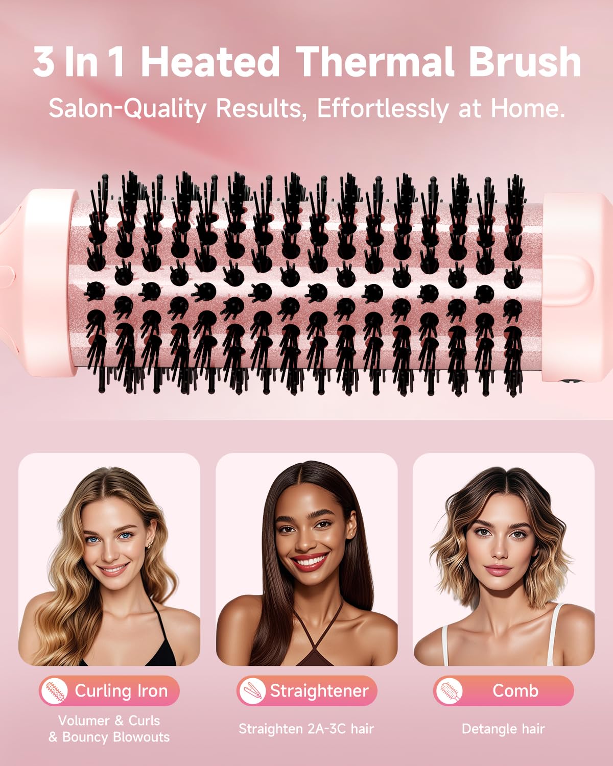 Thermal Brush, FLYZEMAA 1.5 Inch Heated Round Brush for Long Dry Hair, Heated Brushes Straightener with 3 Temp Settings, Blowout Brushes for Curling & Volumizing, Anti-Scald Nylon Bristles(Pink)