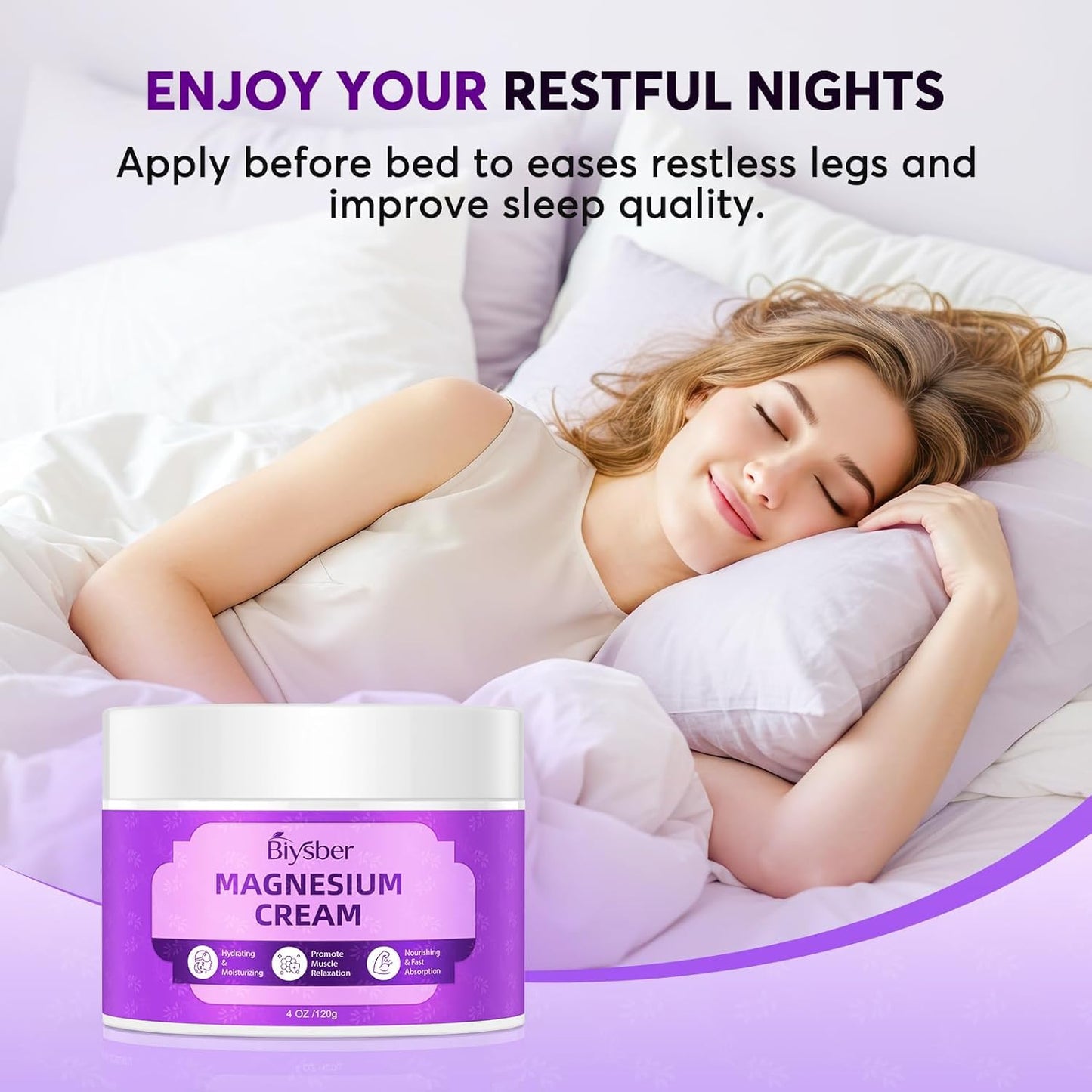 BIYSBER Natural Magnesium Body Butter for Leg Cramps/Feet/Arms/Muscle Relaxation - Calm Moisturizing Day and Nightime Cream 4 oz