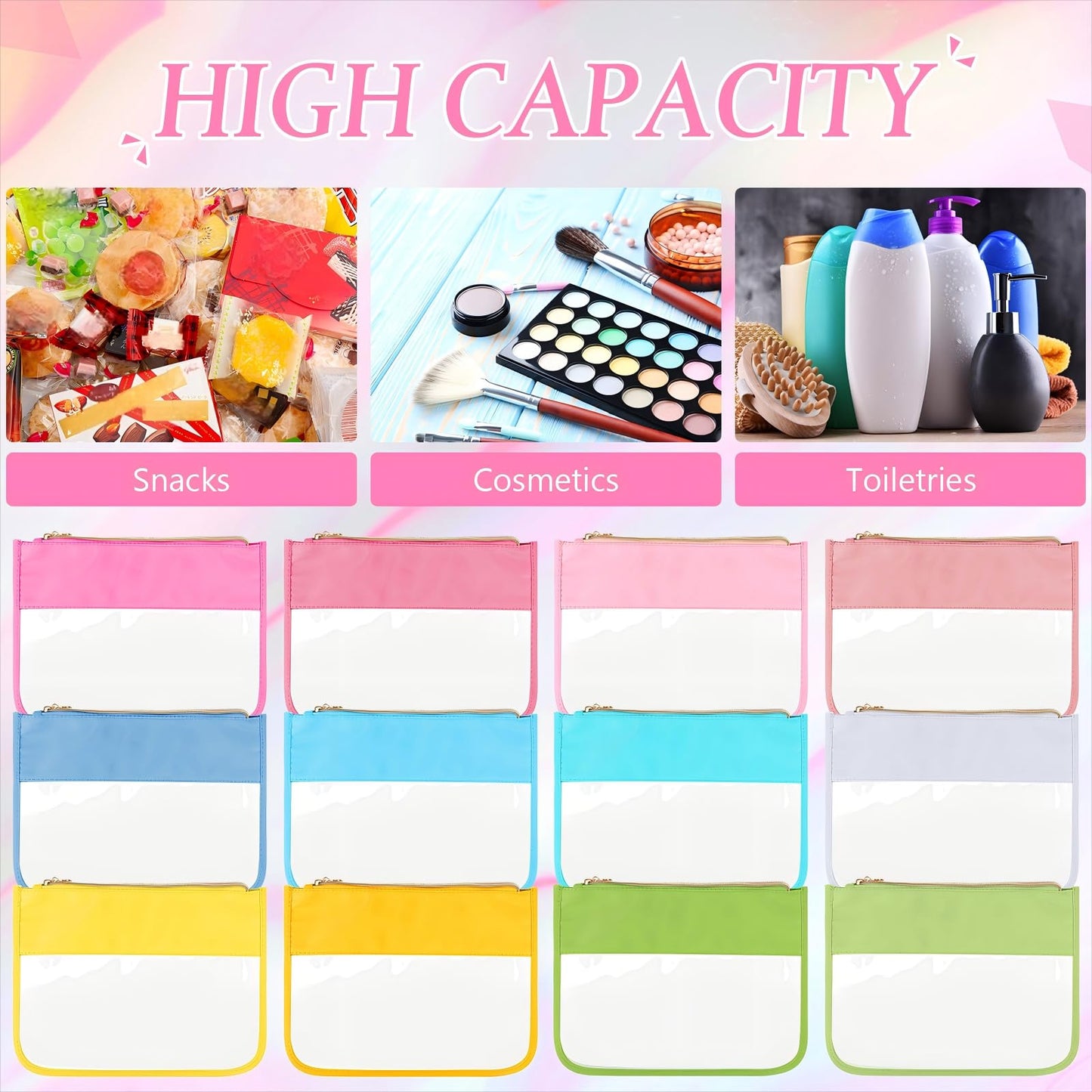 Sweetude 12 Pieces Clear Zipper Pouch for Travel Nylon Makeup Bag Waterproof Snack Stuff Pouches Cute Purse Cosmetic Bags for Women Girls Gifts