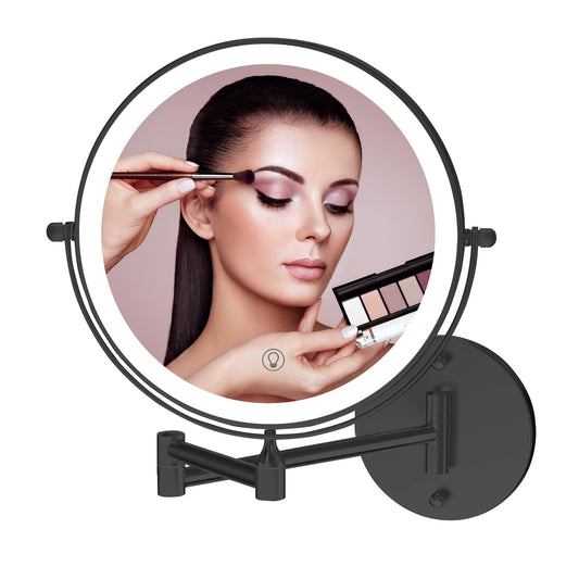 Fab Glass and Mirror 1X/10X Wall Mounted Makeup Mirror with Light, 8" Rechargeable 2000mAh Lighted Vanity, Double-Sided Magnifying Bathroom Touch Dimmable 3 Color LED 360 Rotation Foldable Arm Black