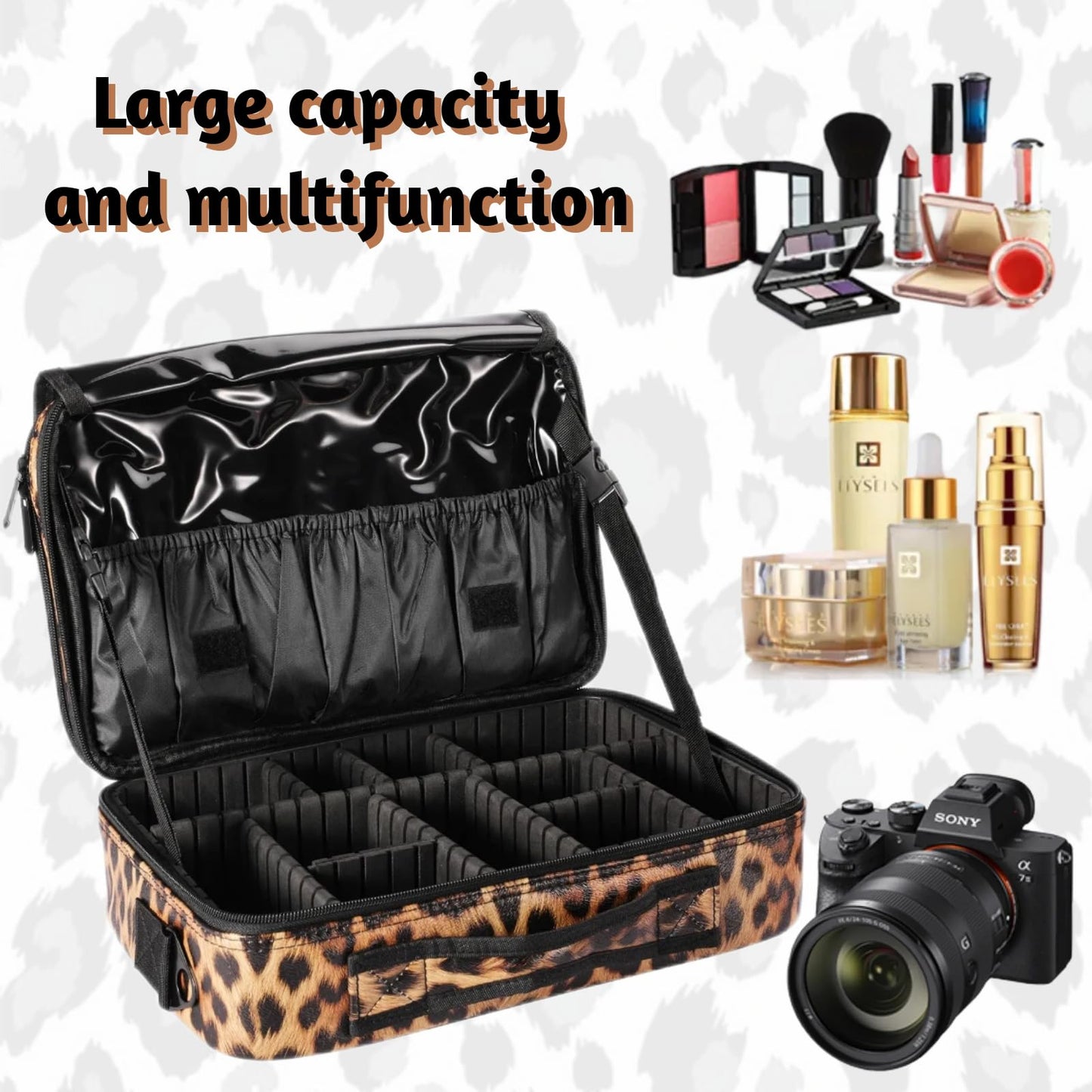 GERYUAEG Makeup Case Large Travel Makeup Bag 3 Layers Cosmetic Train Case Cosmetic Organizer Brush Holder Waterproof Makeup Storage Bag with Adjustable Dividers and Shoulder Strap (Leopard)